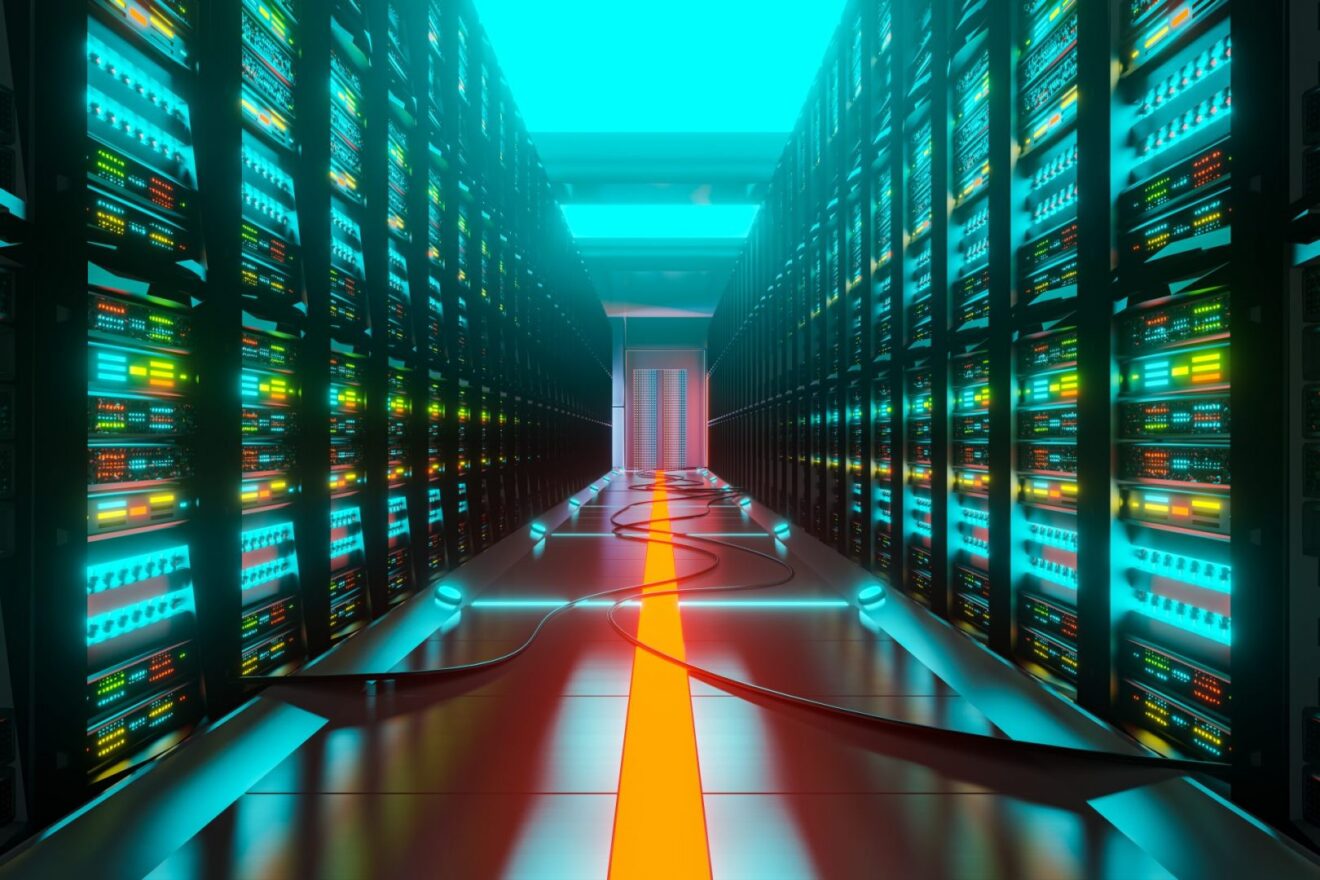 Data center with server racks in a corridor room. 3render of digital