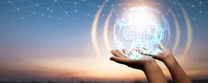Hand of human holding trends of online connection metaverse tech